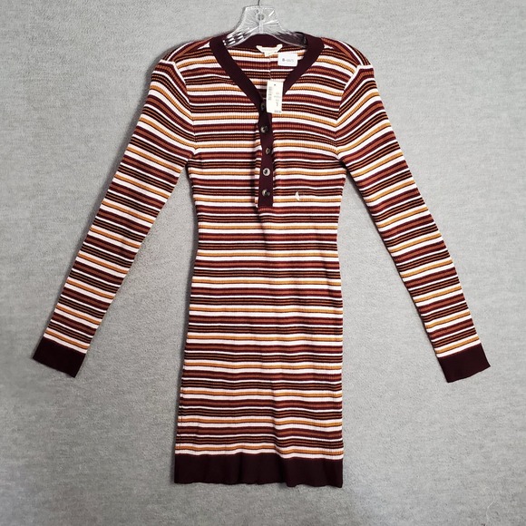 Aeropostale Women Dress Large Red Striped Mini Bodycon Ribbed Henley NWT - Picture 1 of 9